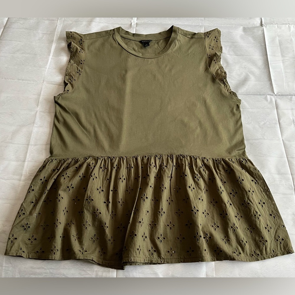Ann Taylor Olive Eyelet Peplum Ruffle-Sleeve Top